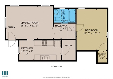 Floor plan for 1 bed, 1 bath, 600 sqft